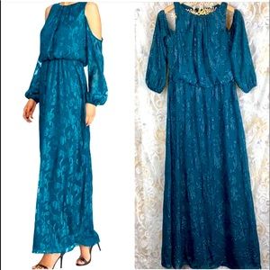 LRL Ralph Lauren Teal Green Metallic Floral Cold Shoulder Maxi Dress 8 Gown